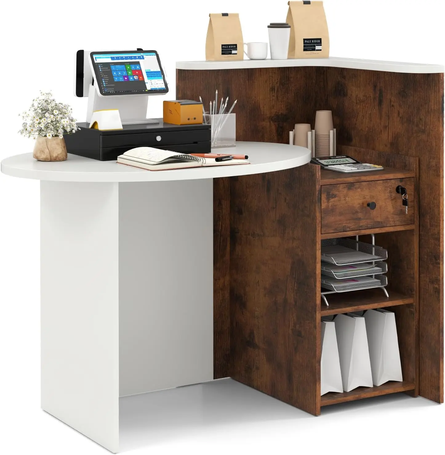 

Reception Desk, 48’’ Retail Counter w/Lockable Drawer & Storage Shelf, L-Shaped Reception Table, Wooden Computer Desk for
