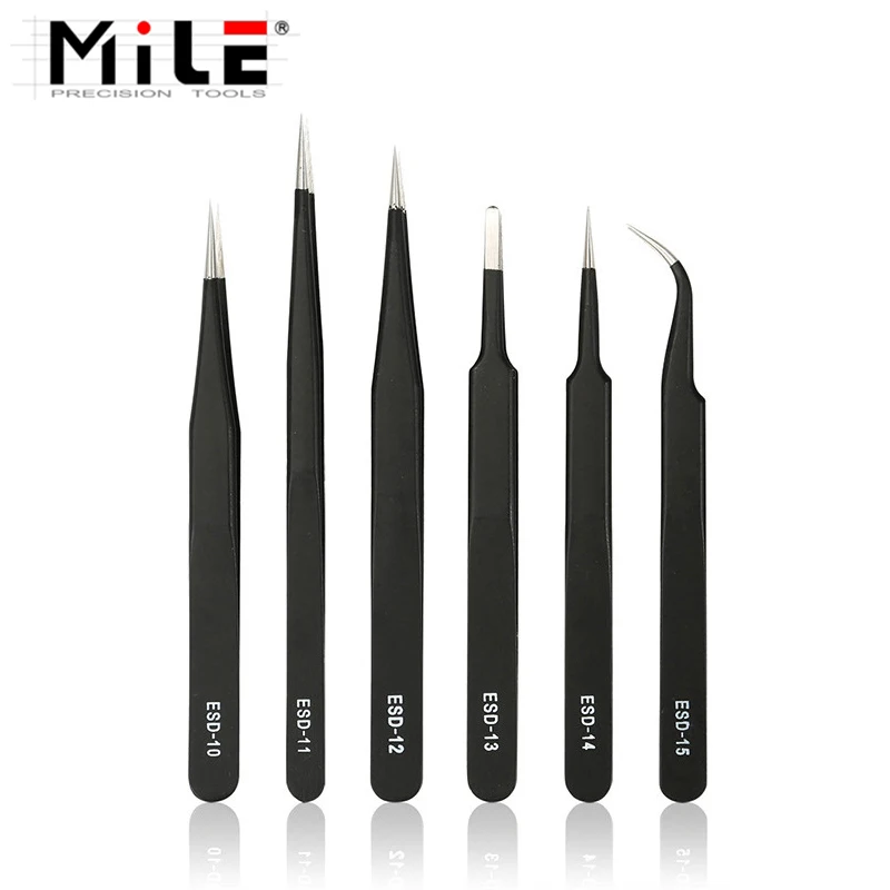 MILE 6PCS/SET ESD-10,11,12,13,14,15 Precision Anti Static Tweezers Stainless Steel Tweezers Set For BGA Work Repair Tool