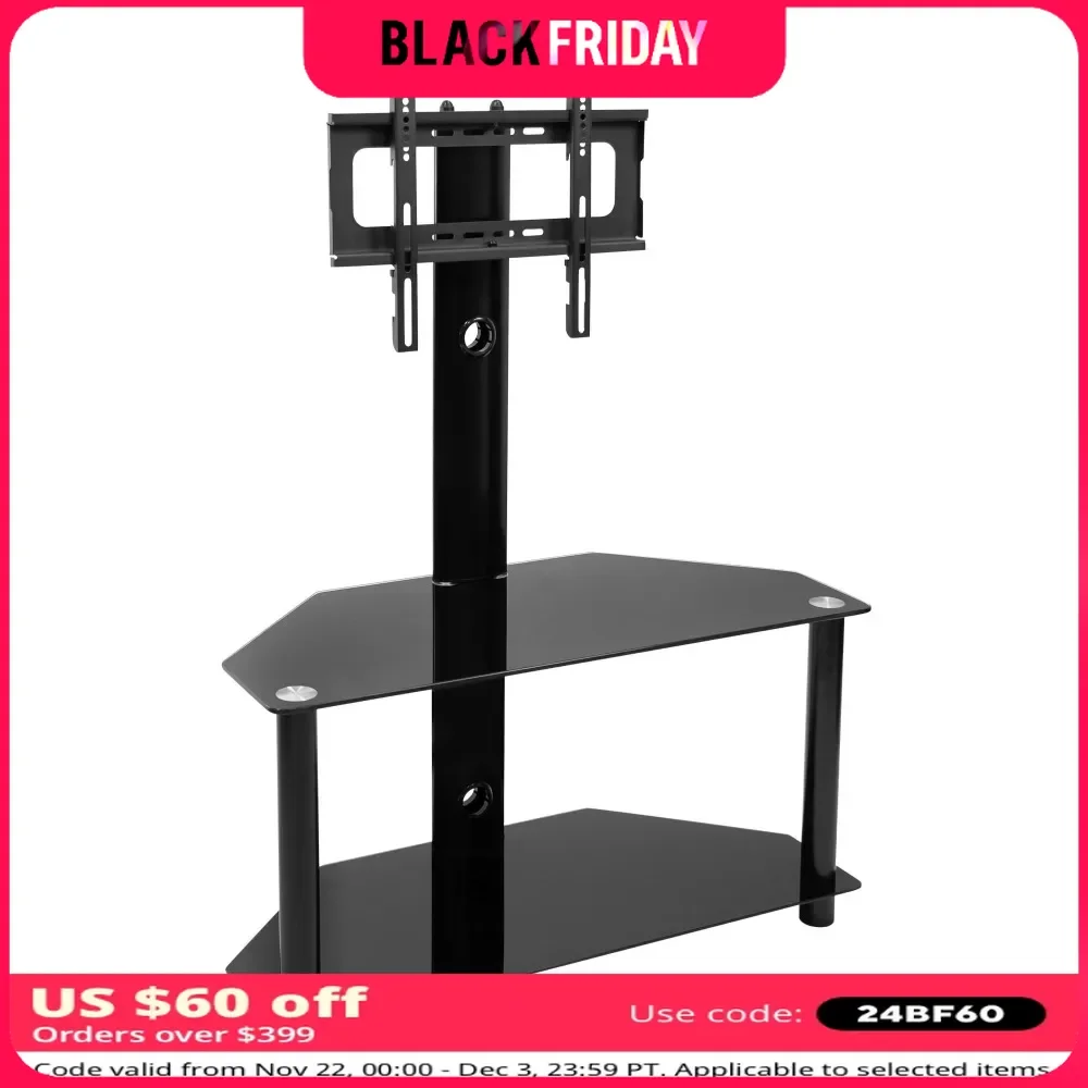 Floor TV Stand, with Swivel Mount and Tempered Glass Shelves，Fits 32