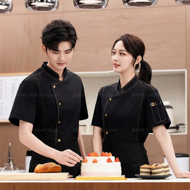 

Men Chef short sleeve uniform Breathable Mesh Chef Jacket with apron Restaurant Kitchen Chef coat black women work clothes logo