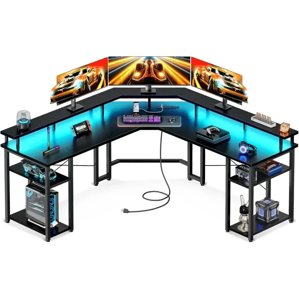 

L Shaped Gaming Desk with LED Lights & Power Outlets, Reversible 56" Computer Desk with Full Monitor Stand & Storage Shelves