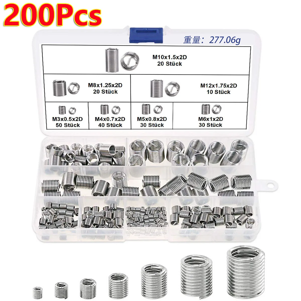 

200Pcs M3-M12 Thread Metric Thread Repair Insert Assortment Set Thread Inserts Insert Fasteners Hardware Screw Repair Tool Parts
