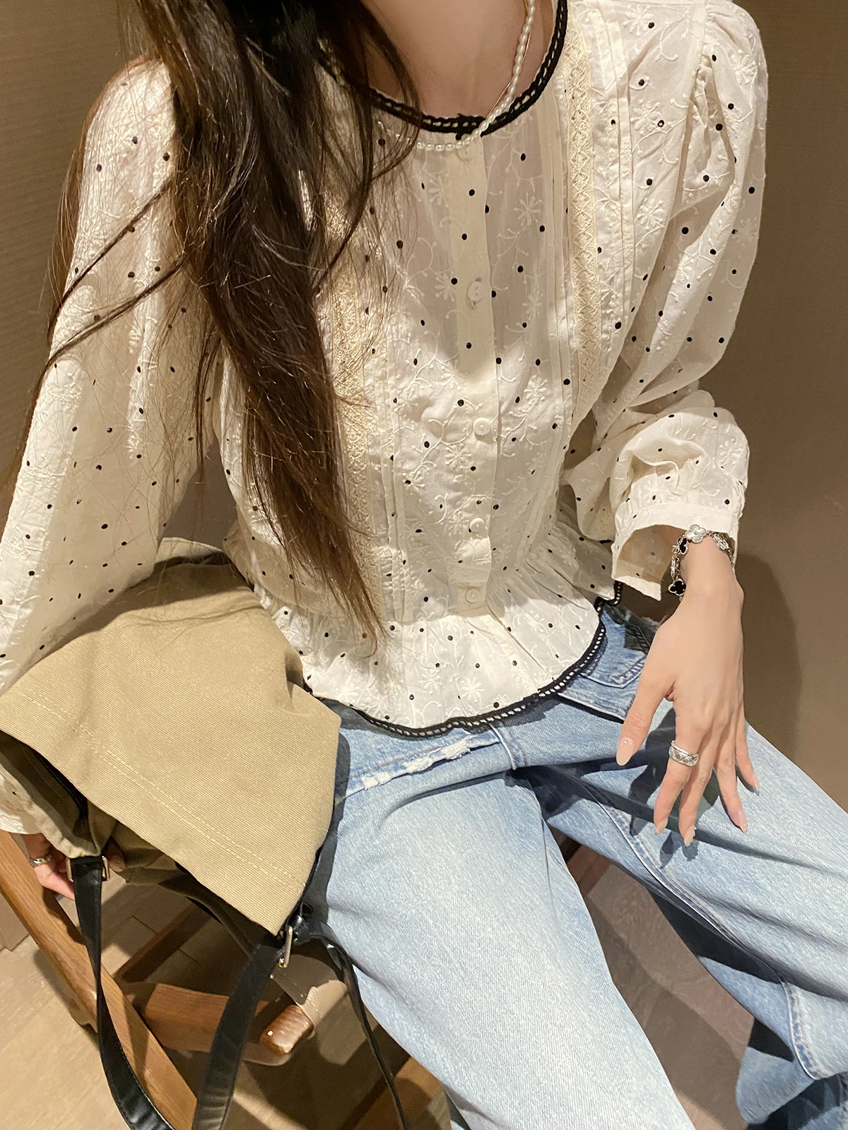 

Mijiji Korean Style Long Sleeve Shirt Lace Embroidery Design Thin Cotton Top Gentle Polka Dot Print Breathable Women's Shirt