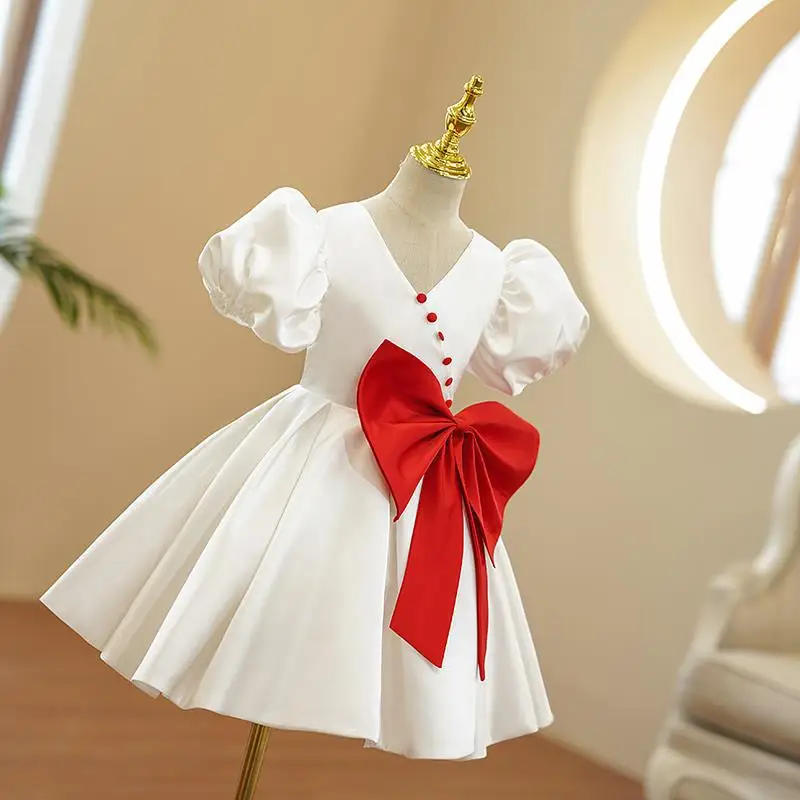 Customized V-neck Puff Sleeve Design Bog Bow Princess Ball Gown Dresses Simple Sweet Kids Birthday Party Vestidos Pleated Flower