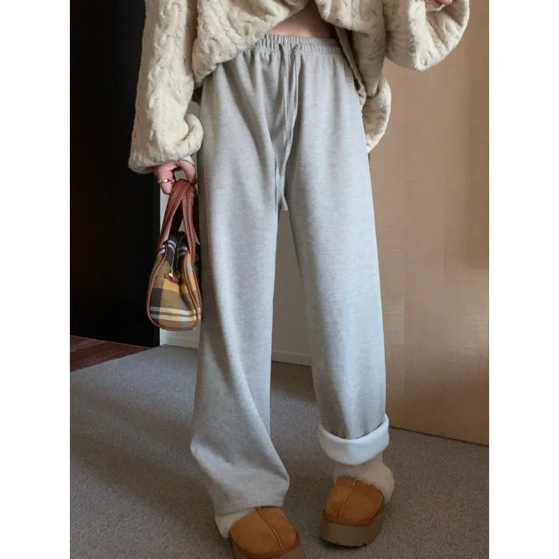 QWEEK Gray Fleece Sweatpants Women Winter Loose Korean Fashion Thick Sport Straight Pants Black Vintage Baggy Casual Trousers