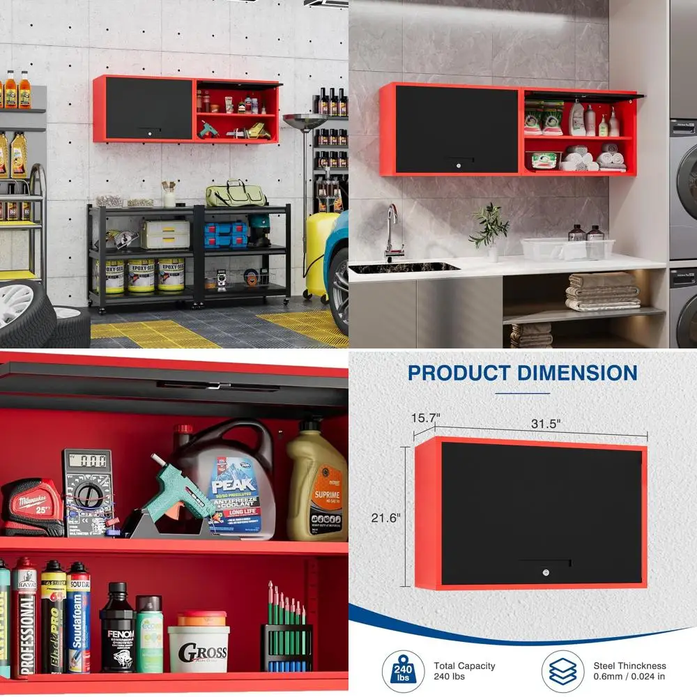 

Black and Red Wall-Mounted Metal Storage Cabinet with Shelf and Lock for Garage, Office, Home Use - Assembly Needed