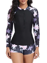 2026 Floral Long Sleeve Surfing Swimsuit Women 2 Pieces Zipper Swimwear Female Bathers Bathing Swimming Swim Surf Suit Beachwear