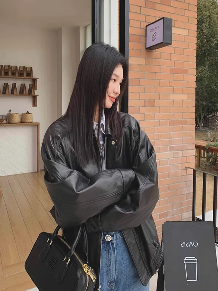 

Новая женская куртка-косуха из натуральной овчины в уличном стиле, с черным воротником, кожаная верхняя одежда из Хайнина, свободный крой, для повседневной носки