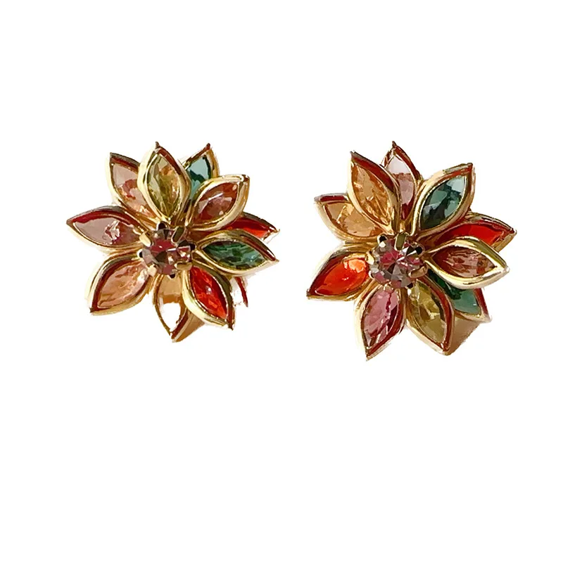 French Luxury Shiny Colorful Crystal Flower Petal Earrings 2024 Fashion Jewelry For Women Christmas Party Exquisite Accessories