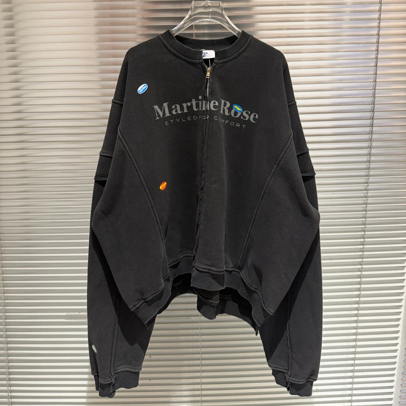 

Retro MARTINE ROSE Zip Up Cardigan Jacket Stereoscopic Cutting Splicing Drop Shoulder Letter Sticker Print Martine Rose Hoodies