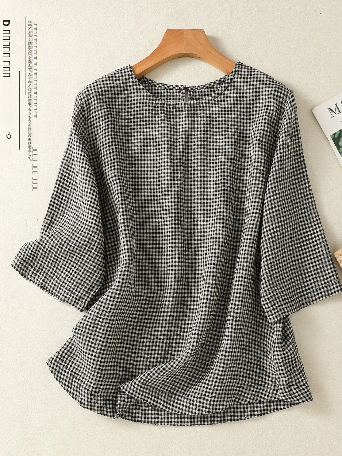 

Женский свободный утягивающий повседневный топ в тонкую клетку из хлопка и льна в стиле ретро, корейский круглый топ Ne irt на лето