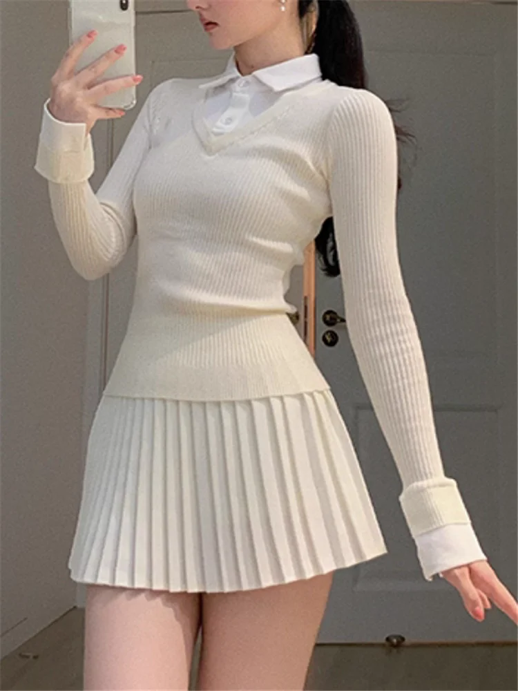 

Новый осенний комплект из 2 предметов в консервативном стиле для девочек, белый вязаный свитер из двух предметов, тонкий топ и плиссированная мини-юбка, костюмы из двух предметов