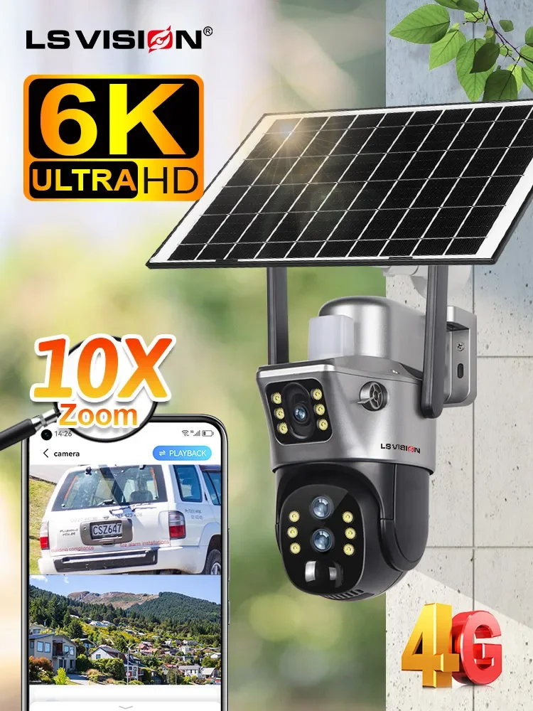 LS VISION Solar Outdoor Surveillance Camera,  4G SIM Card, 10X Zoom, CCTV Battery Cameras, 2 Screen , Ai Tracking Cam, V380PRO