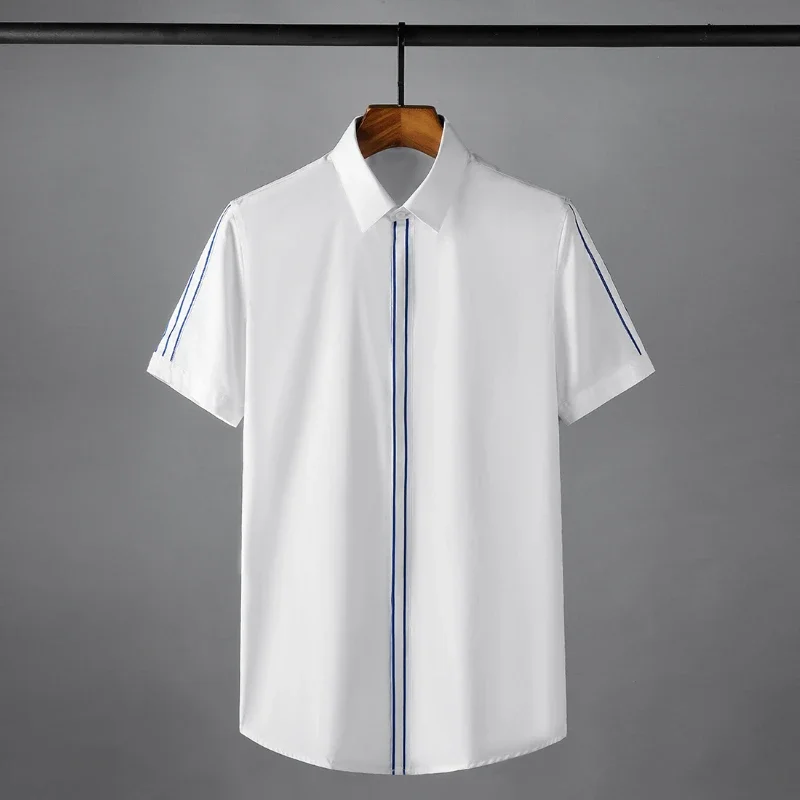 New Blue Stripe Splicing Male Shirts Luxury Short Sleeve Streetwear Mens Dress Shirts Summer Slim Fit Party Man Shirts 4XL