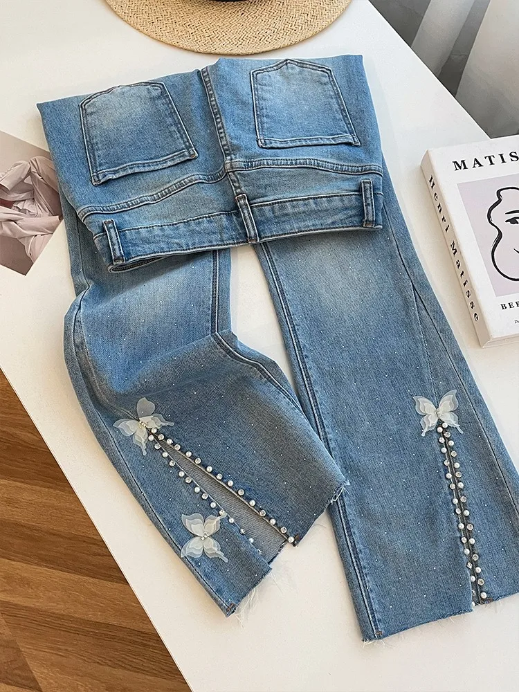 Fashion Office Ladies Summer Diamonds Shiny Micro Flared Jeans High Waist Butterfly Denim Pants Slim Full Length Leisure Trouser