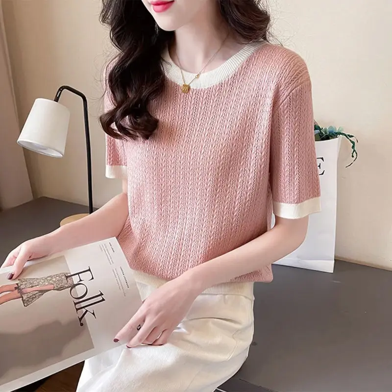 

New Summer Round Neck Ice Silk Knitted Short-sleeved T-shirt for Women Loose Half-sleeved Thin Sun Protection