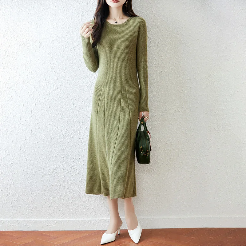 

Autumn Winter New% Wool Knitted Dress Women Long Sleeve Sweater Waist Slimming Long A-Line Dress