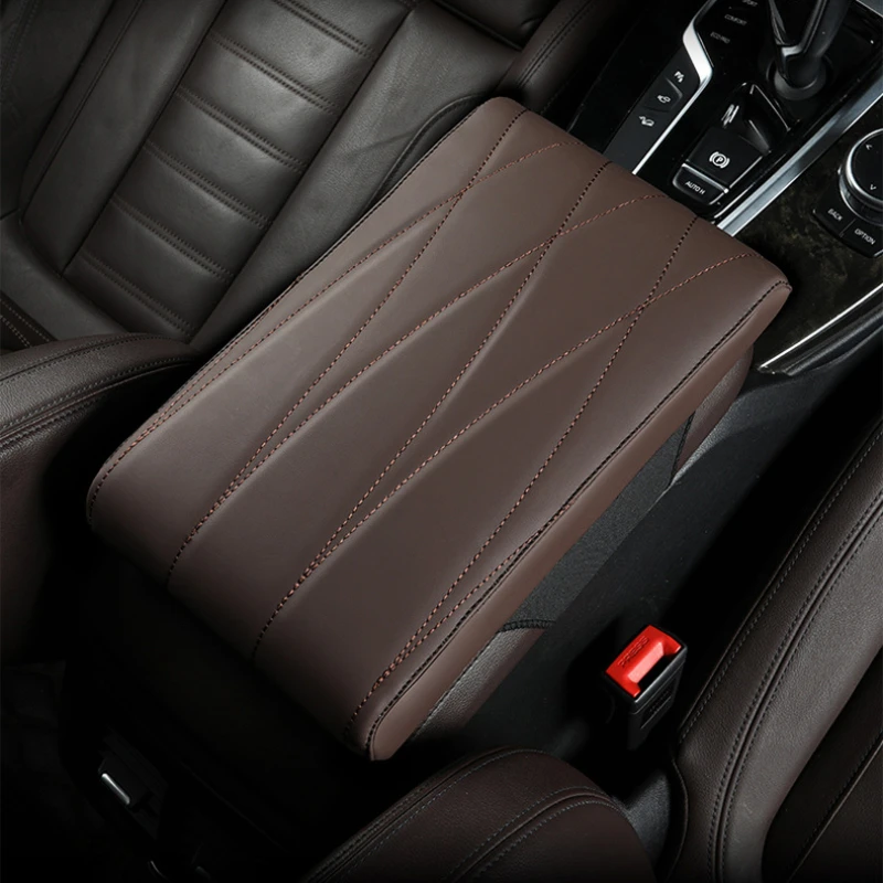 Napa Leather Memory Foam Car Armrest Mat Booster Console Universal Center Cushion Stripe Rhombus Embroider Armrest Seat Box