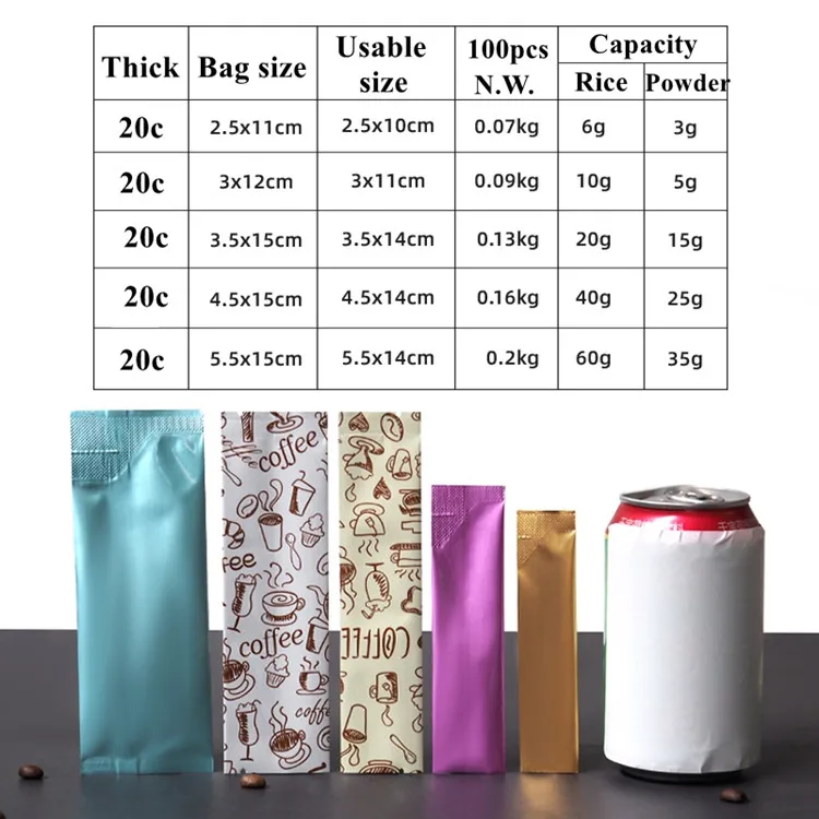 100PCS/300PCS/500PCS Aluminum Foil Open Top Bag Heat Sealing Ground Coffee Fruit Milk Cocoa Powder Honey Trial Packaging Pouches