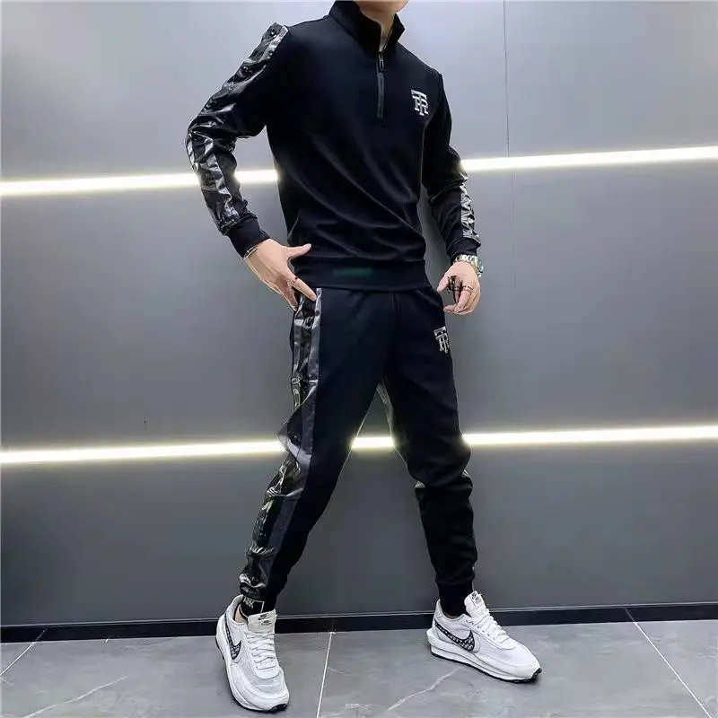 Men's Fashion High-end Stand Collar Embroidered Suit Autumn and Winter Plus Velvet Trend Casual Sweatshirt Trousers Sports Suit