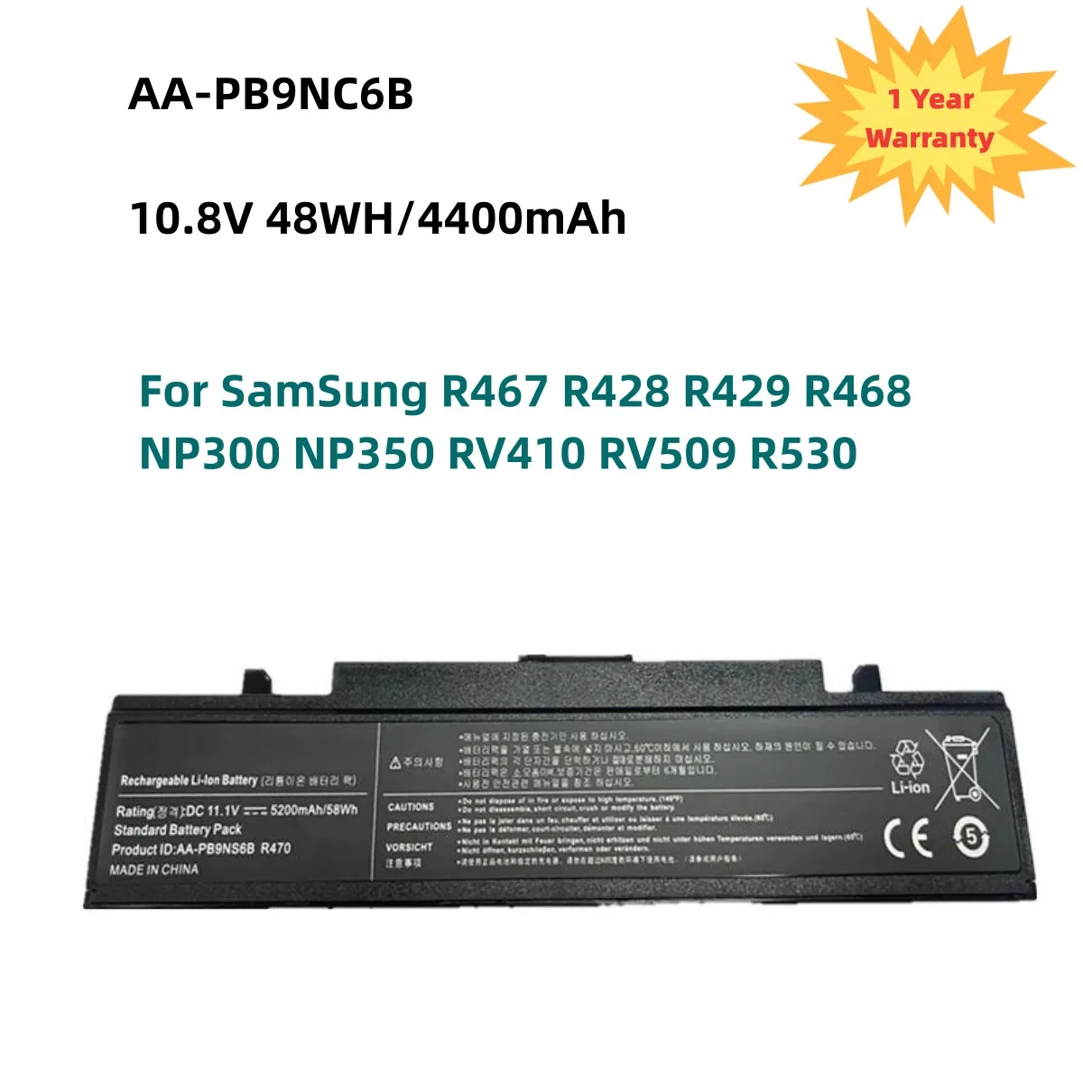 

AA-PB9NC6B Laptop Battery For SamSung AA-PB9NS6B AA-PB9NC6W R467 R428 R429 R468 NP300 NP350 RV410 RV509 R530 4400mAh