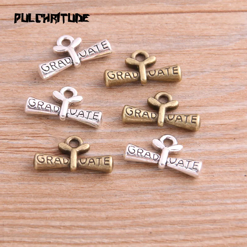 10PCS 11*21mm Two Color Bachelor Cap Charms Letter GRADUATE Pendant Jewelry Metal Alloy Jewelry Marking