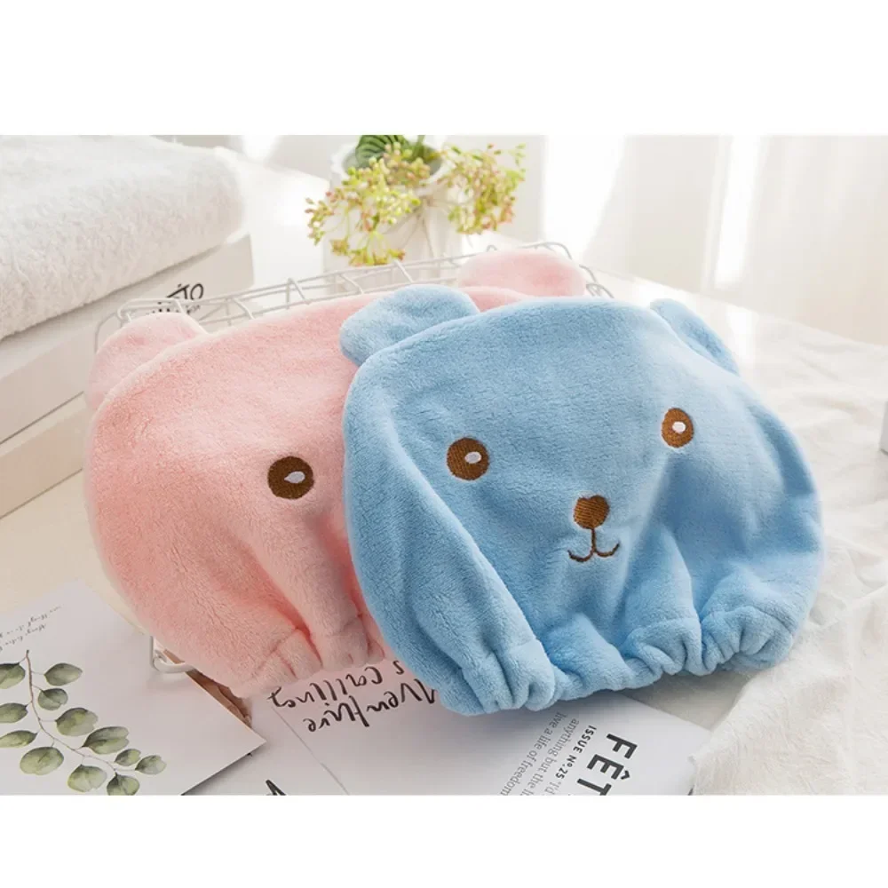 قبعة منشفة نسائية من الألياف الدقيقة السميكة الماصة سريعة الجفاف مع تطريز الدب اللطيف للاستحمام والحمام #5