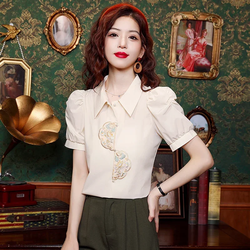 2024 Summer Shirts & Blouses New Short Sleeve Lining Chinese Style Slim Look Ladies Puff Sleeve Solid Color Single Breasted Tops