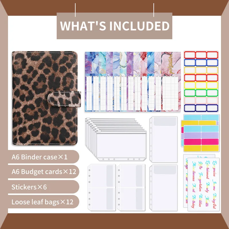 A6 Loose-Leaf Budget Notebook Leopard Print Book Leather PU Notebook Book Binder Manual Book with Zip Bag Set Office Stationery