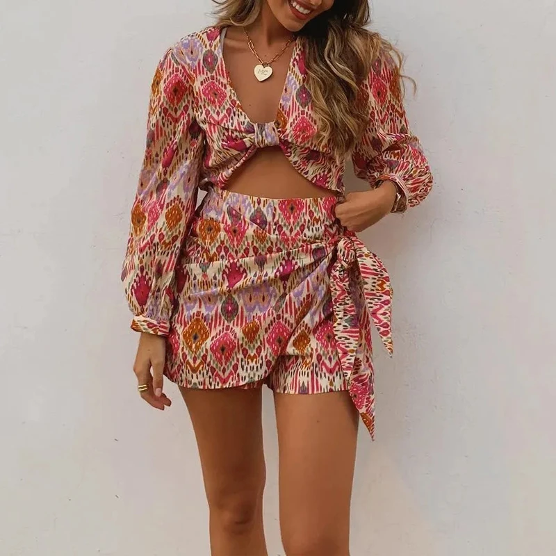 

2023 Knot Floral Top Women Vintage Print Crop Top Female Long Puff Sleeve Summer Blouses Fashion Beach Chic Woman Blouse