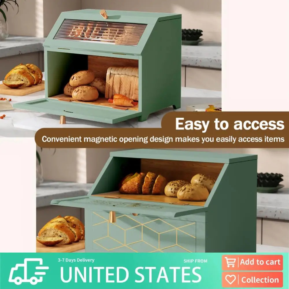 

2-Layer Wooden Bread Box for Kitchen Countertop Large Capacity Kitchen Countertop Organizer Stylish Bread Storage with Window
