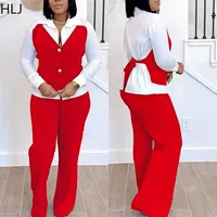 HLJ Elegant Lady Patchwork Shirts Two Piece Sets Women Lapel Long Sleeve Button Top And Pants Outfits Autumn OL 2pcs Clothing