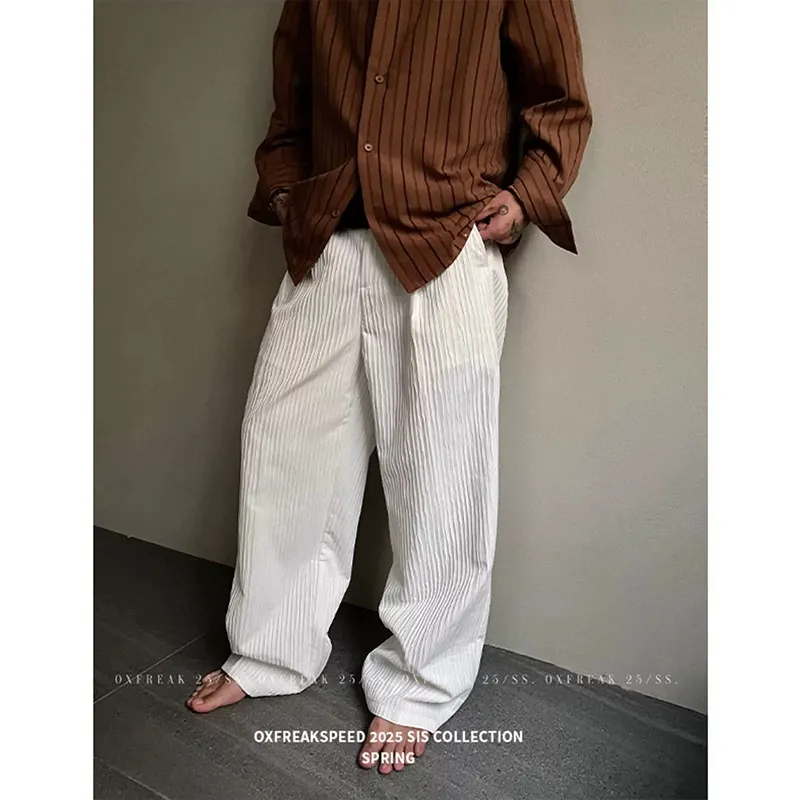 Black Casual Pants Men Fashion Oversized Wide Leg Pants Men Streetwear Korean Loose White Pleated Pants Mens Trousers M-3XL