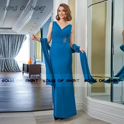 Vestidos De sirena con cuello en V para madre De la novia, vestido elegante sin mangas azul para madre, invitados De boda, vestido Formal De noche para mujer