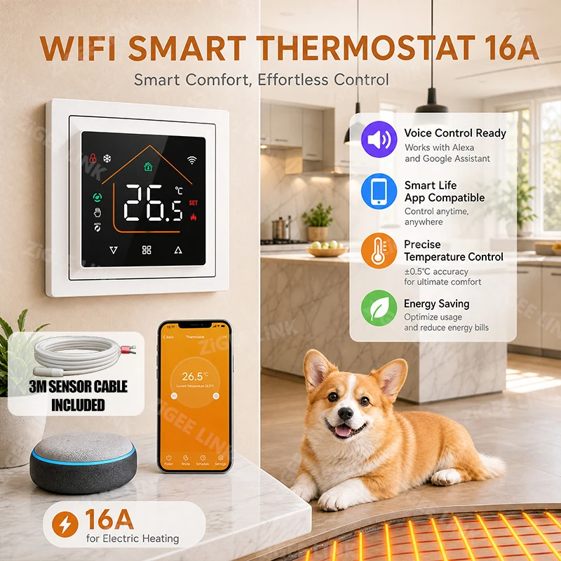16A Touch Screen WiFi Thermostat Programmable Timing Function Underfloor Heating Temperature Controller Work With Smart Life