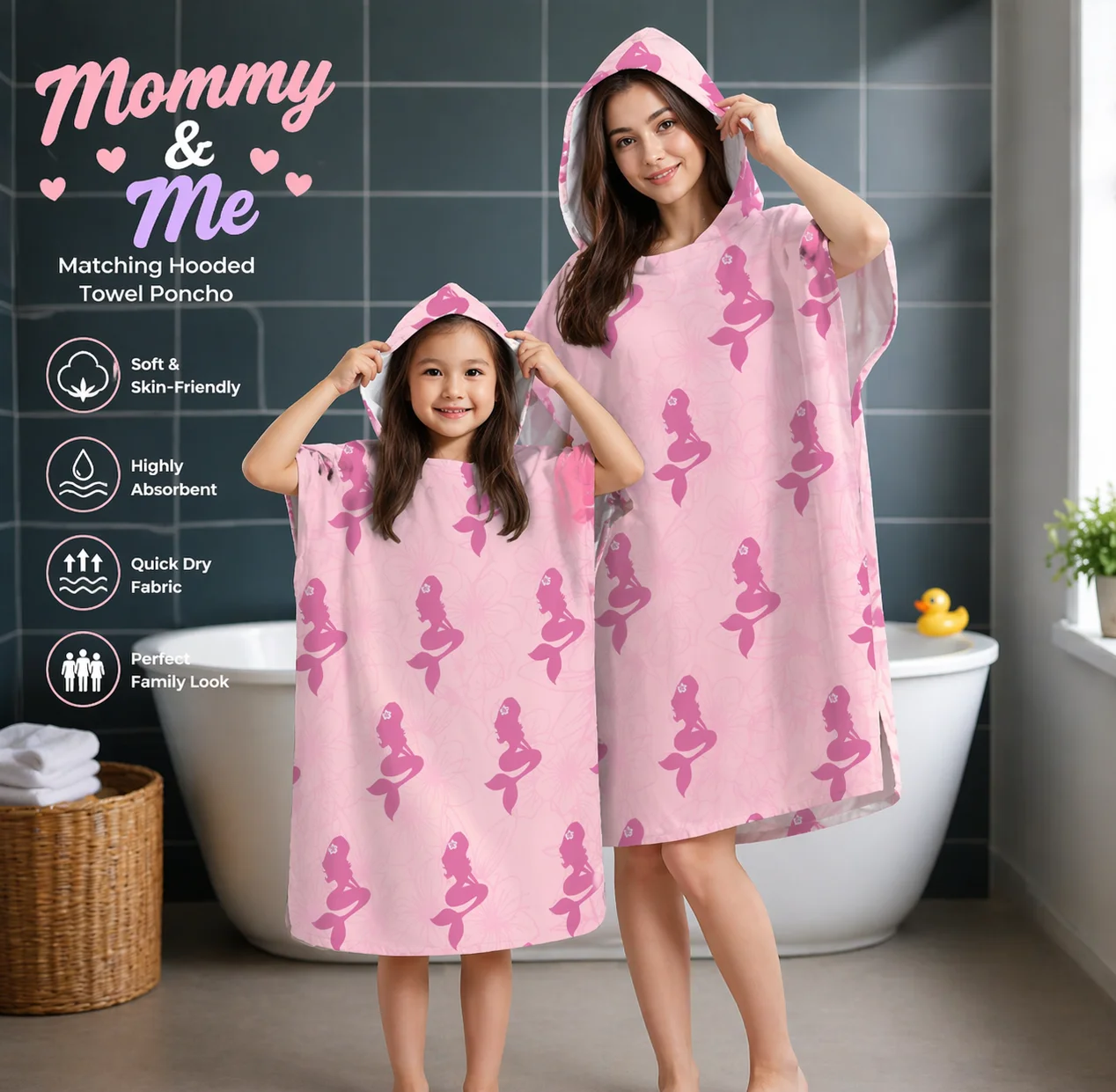 Mommy & Me Matching Hooded Towel Poncho, Pink Mermaid Print Quick Dry Bath Robe for Mother Daughter
