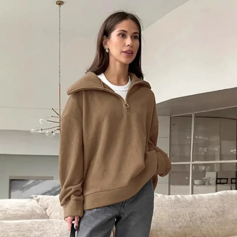 2025 autumn/winter lazy style knitted lamb cashmere beige loose casual hoodie cross-border versatile lapel sports women's top