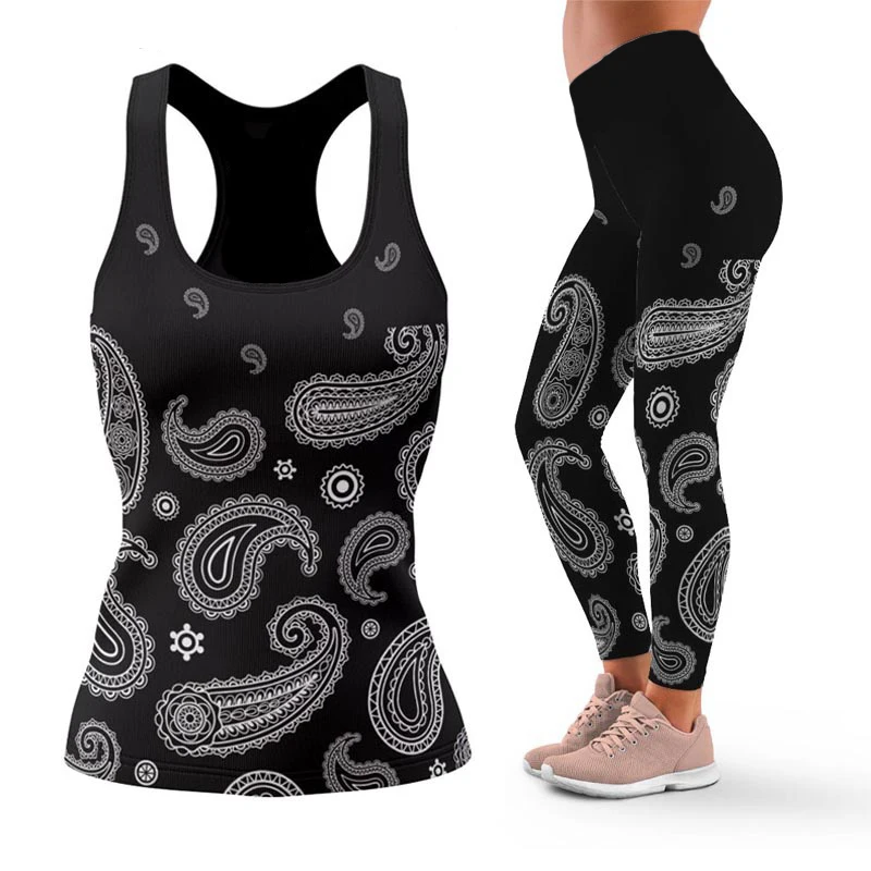 

Summer Women Cashew Print Fashion Paisley Print Tank Tops Sleeveless 3D Prinnt Legging Hollow Tanktop Combo Suit XS-8XL