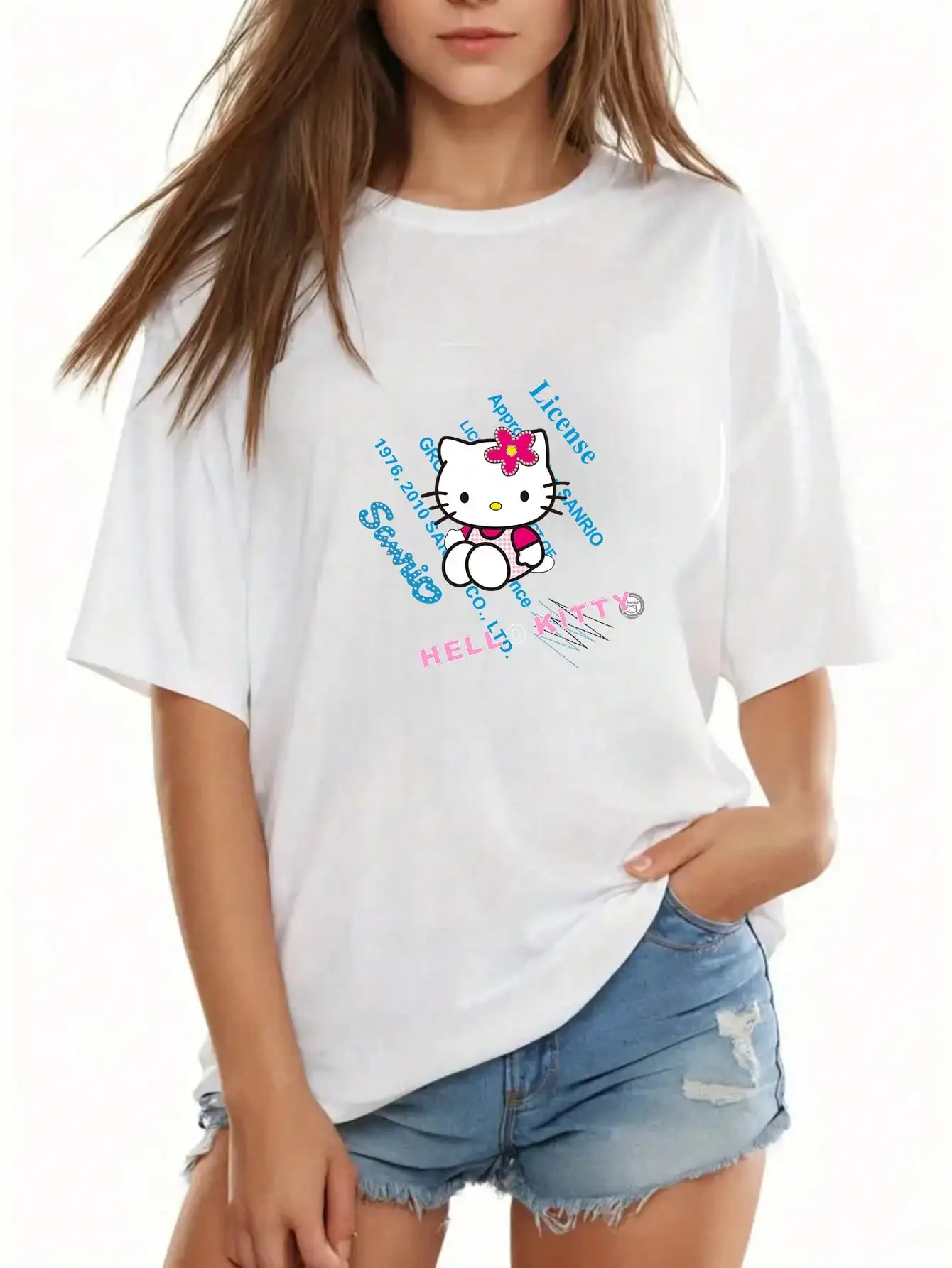 تي شيرت نسائي منقوش عليه رسوم كرتونية مصنوع من مزيج البوليستر، كاجوال قابل للغسل في الغسالة برقبة دائرية وأكمام مكشوفة الكتف