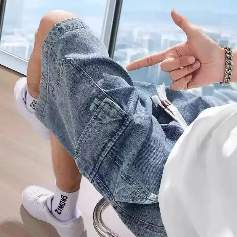 صيف 2025 جيب كبير الدنيم السراويل في سن المراهقة الطلاب العصرية سراويل تقليدية تنوعا مرونة الخصر الرجال شورت جينز السراويل الخارجية #3