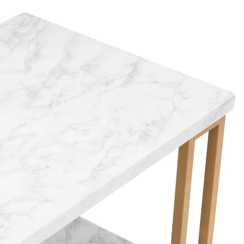 Double Layer Square Frame Leg Coffee Table  Rectangular  Density  Board  Iron  Imitation  Marble  White  Tabletop  Gold  Paint