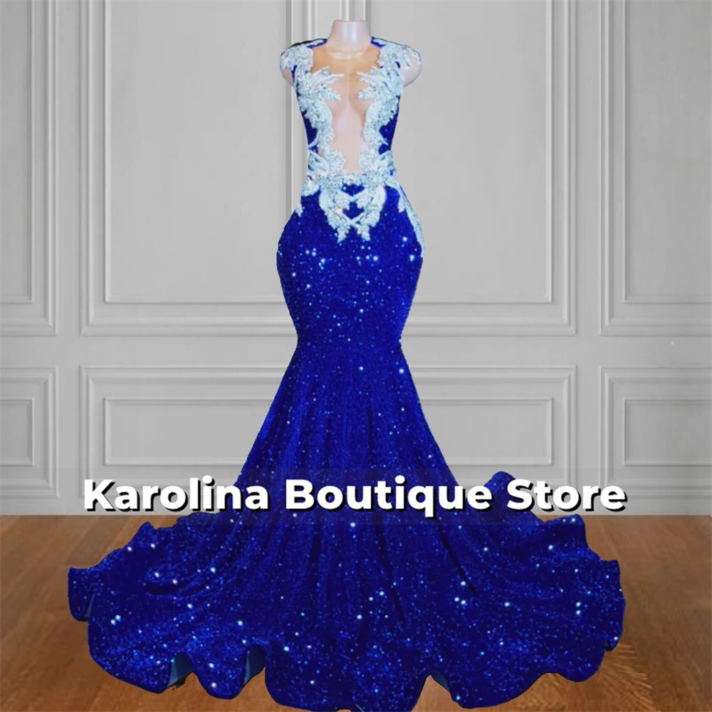 Impressive Royal Blue Sequin Prom Dresses Beaded Lace Appliques Elegant Party Dress For Blackgirls Luxury Birthday Customized