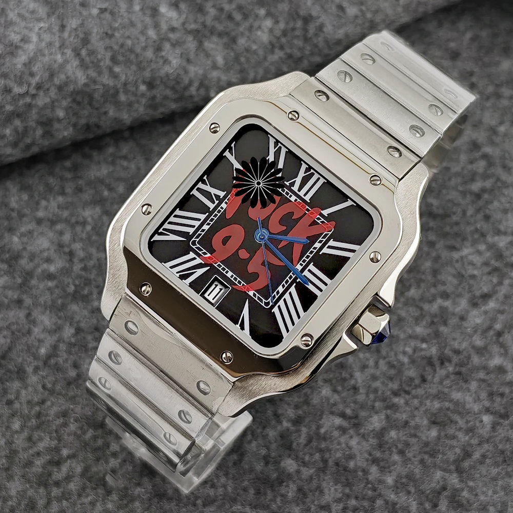 ساعة Santos NH35 9.5 ساعة مربعة من الفولاذ المقاوم للصدأ بشعار مخصص للرجال ساعة أوتوماتيكية NH35 ساعة يد تعمل بالحركة