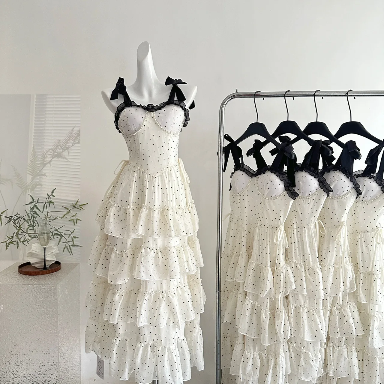 

Women's Summer French Style Pearl Ruffle Polka Dot Maxi Dress - Mori Girl Prom Evening Party Graduation Gown Boho Chic