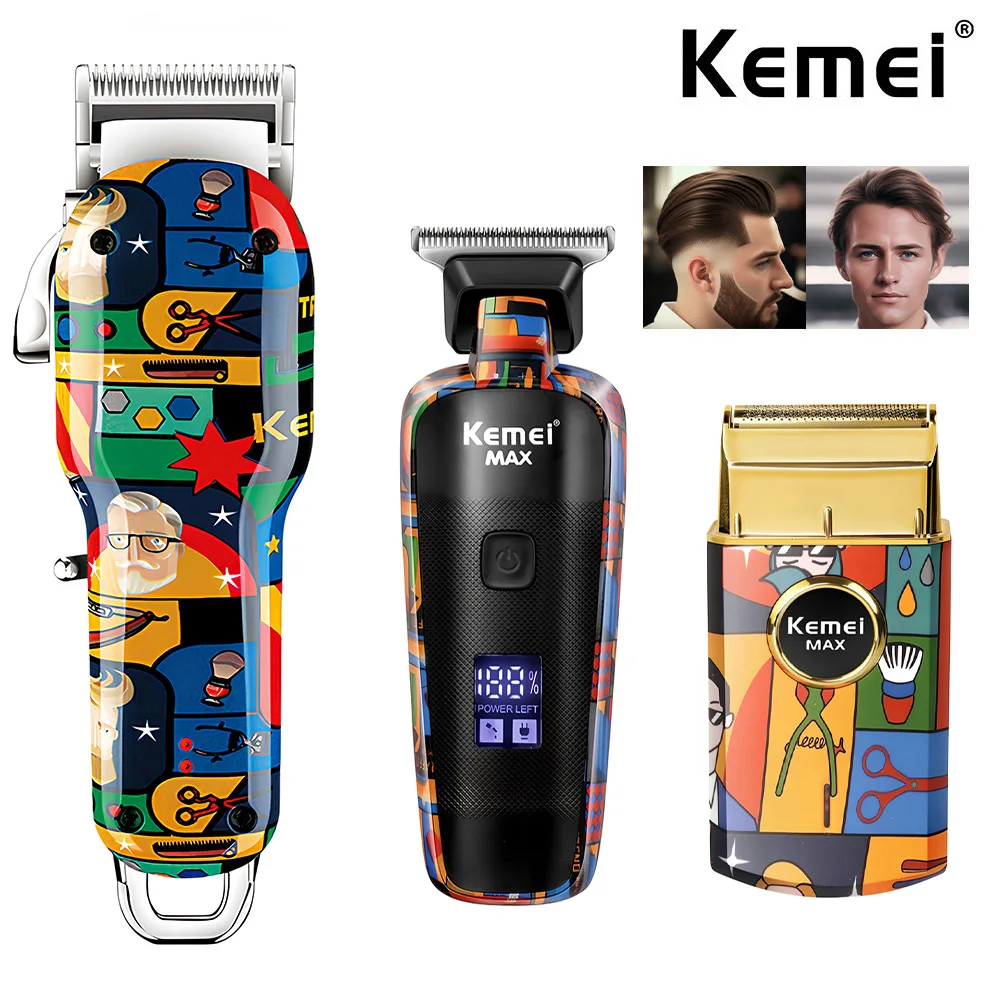 Kemei Graffiti Electric Hair Clipper Kit Men's Electric Shaver Personalized Hair Trimmer Machine Barber Professional Hair Clippe