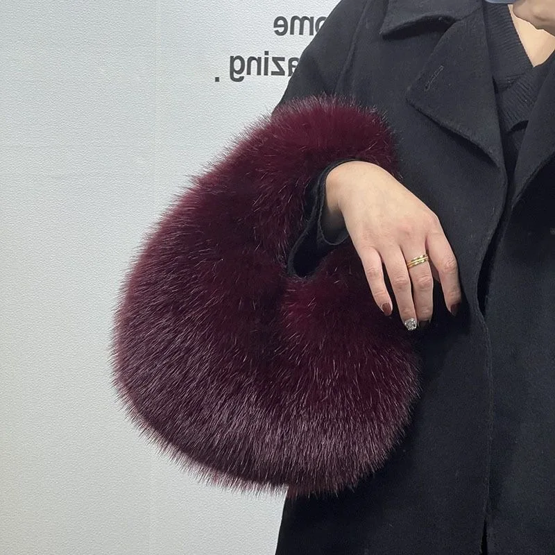 Soft Plush Hobos Bag Women Fluffy Faux Fur Top Handle Handbag Designer Style Winter Tote Cozy Warm Zipper Small Purse Luxury