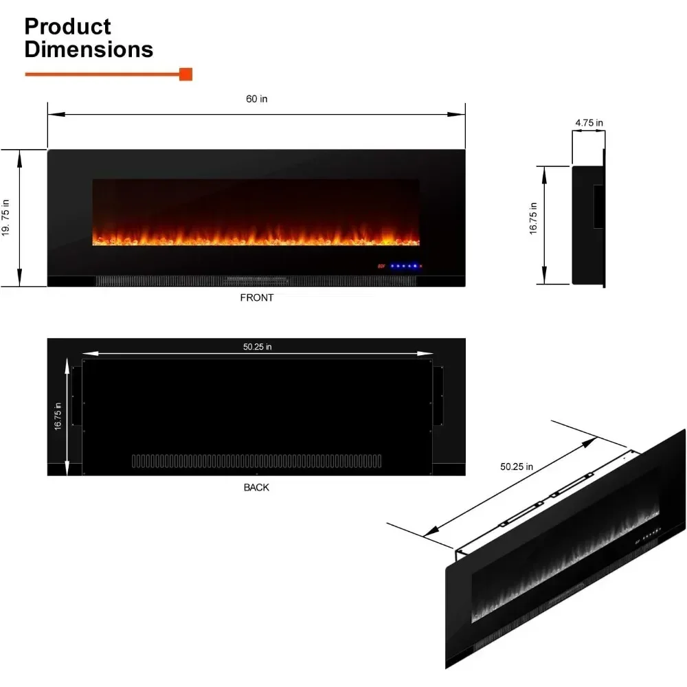 60 Inch Wall Mounted LED 3D Electric Fireplace with Timer and Remote Control -3D Wood and Fire Effect Electric Fireplace