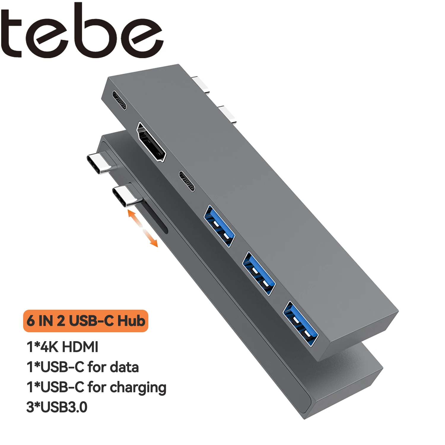 

Tebe Dual USB-C Hub 6 IN 2 Type-c to 4K HDMI-адаптер Thunderbol USB C Multi USB 3.0 Splitter для Macbook Pro 14/Air 13 M3 Lenovo