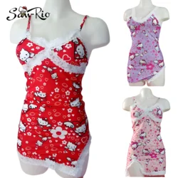 Hello Kitty Women Dress Pajama Lace Patchwork Sleepwear Sexy Dresses Fashion Home Sling Dress Women's Shirtless Pajamas