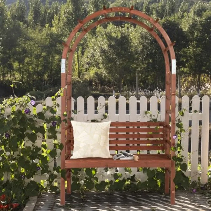 6.8FT garden arch with bench for climbing plants, wooden, natural wood color, sturdy and decorative